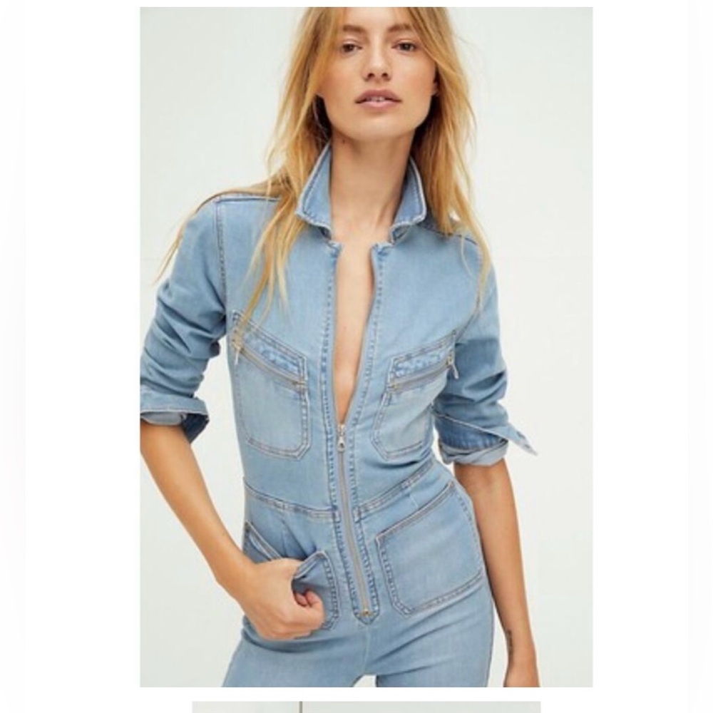 Free People Lennox Light Blue Jumpsuit Stretch Cotton Denim Zippers S